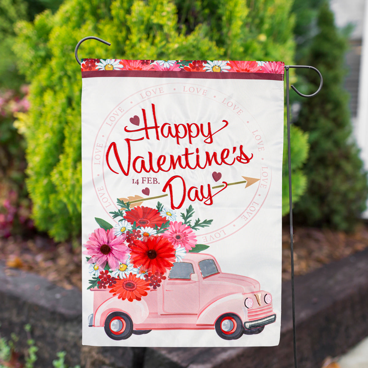 Evergreen Valentine's Flower Truck Double Appliqued Garden Flag