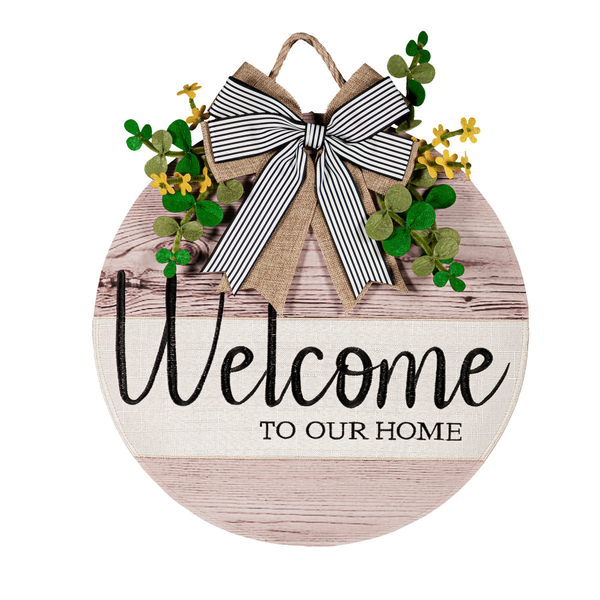 Evergreen Wood Grain Welcome Burlap Door Decor