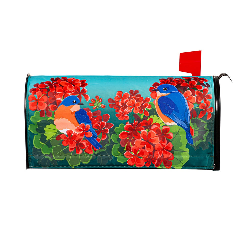 Evergreen Bluebird in Red Geraniums Mailbox Cover
