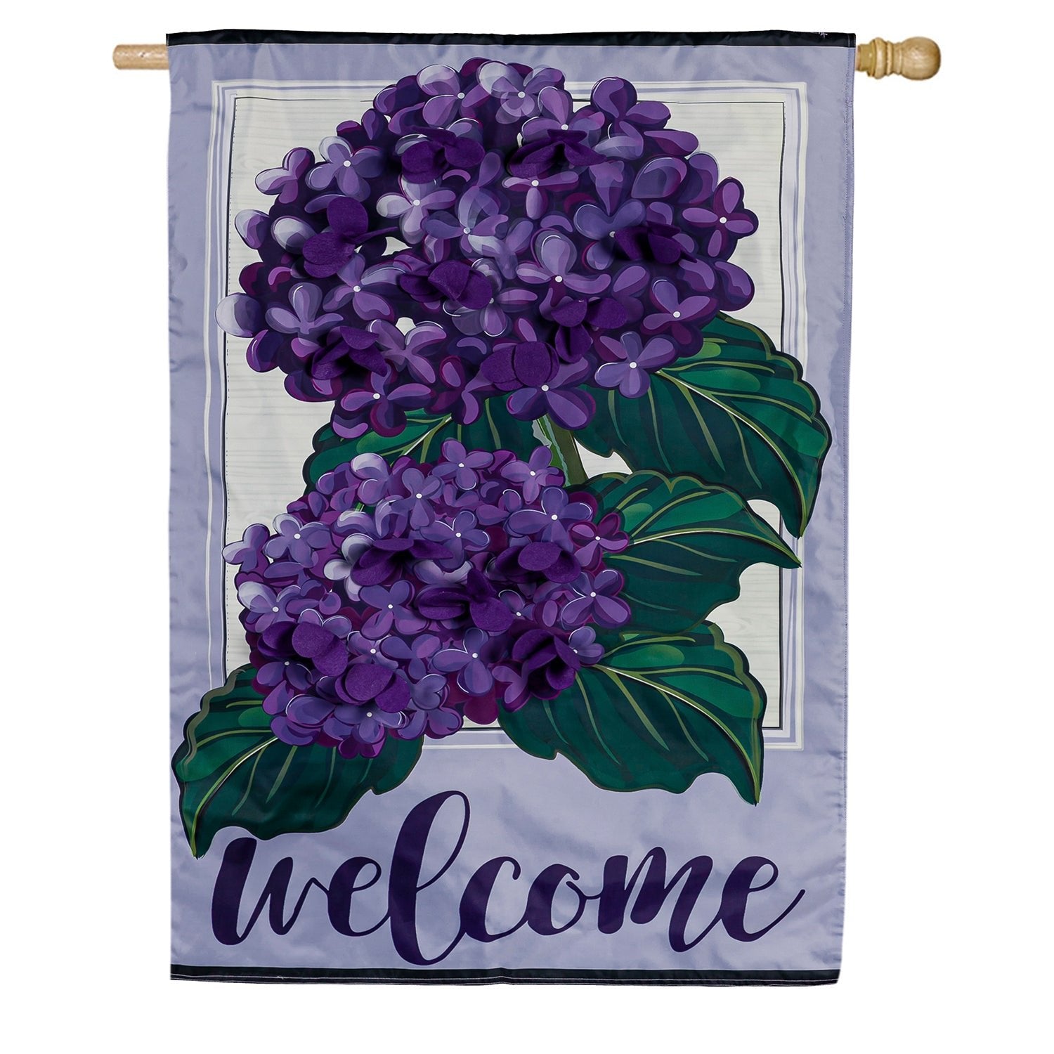 Evergreen Hydrangea Welcome Appliqued House Flag