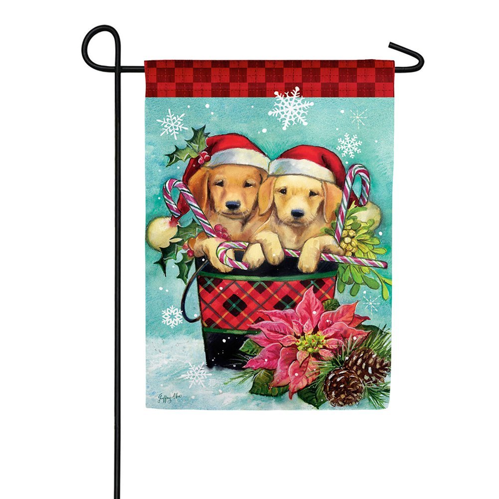 Christmas Puppy Bucket Suede Double Sided Garden Flag