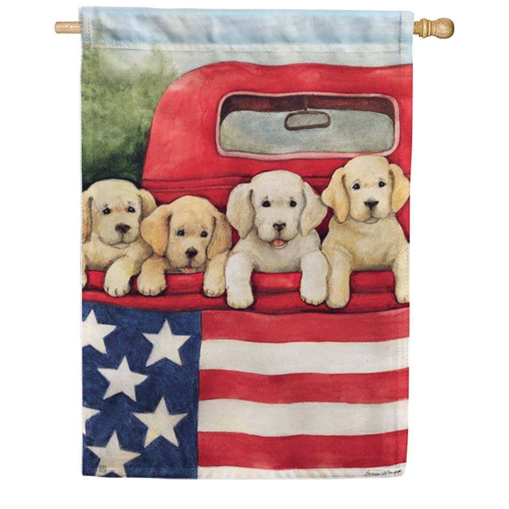 Patriotic Puppies Red Truck House Flag