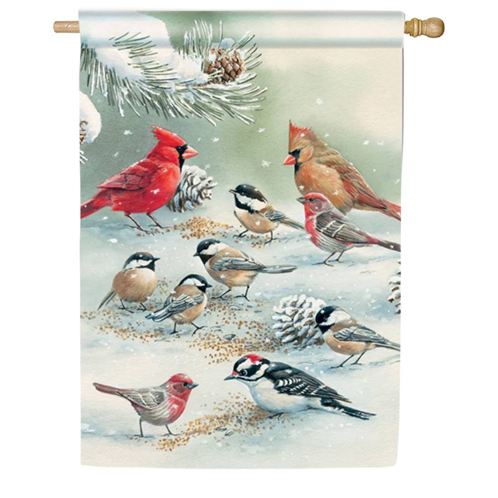 Winter Bird Feeding House Flag