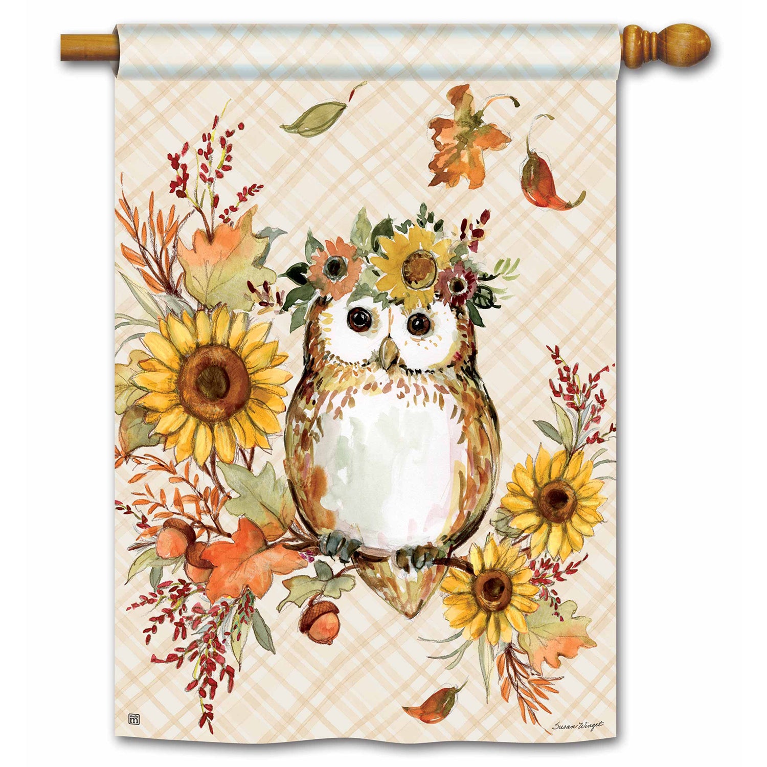 Autumn Owl Floral House Flag