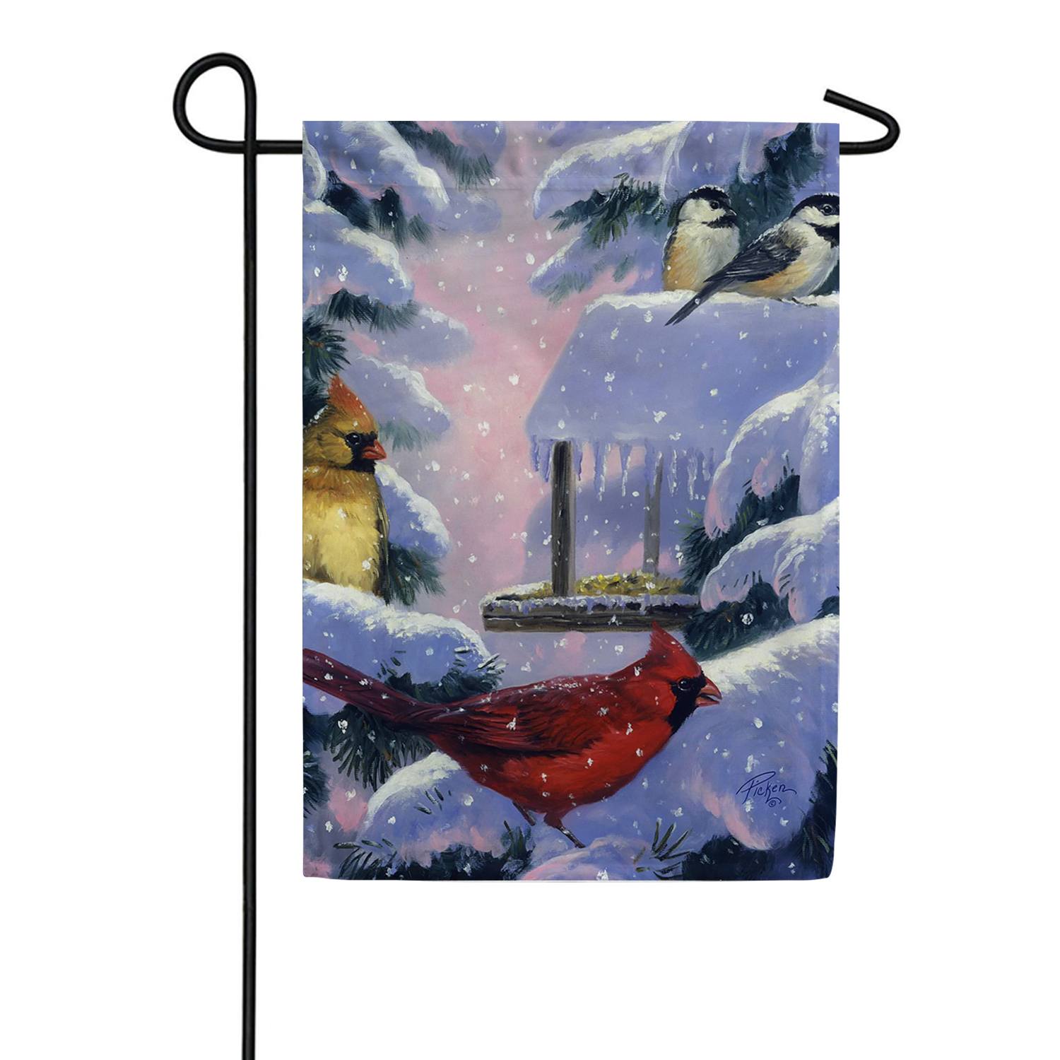 Snowy Cardinals and Chickadees Garden Flag
